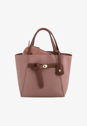 Pink and brown leather tote bag with two handles, a front strap with gold-tone clasp, and an inner pouch visible at the top.