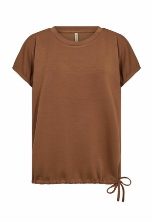 Brown short-sleeve shirt with round neckline and adjustable drawstring bow at the bottom right hem.
