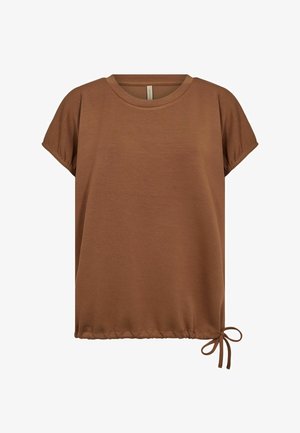Brown short-sleeve shirt with round neckline and adjustable drawstring bow at the bottom right hem.