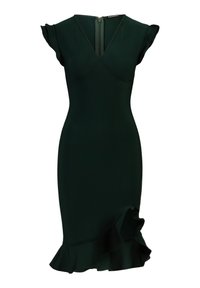 Dunkelgrünes, tailliertes Kleid mit V-Ausschnitt, kurzen Ärmeln und Rüschensaum. Hergestellt aus glattem Stoff mit einem Reißverschluss hinten.
