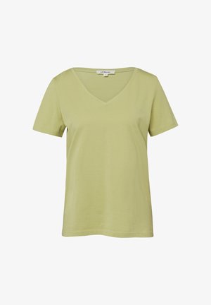 Light green short-sleeve cotton t-shirt with V-neck collar, displayed front-facing on a white background.