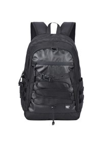 Zaino nero con una parte anteriore testurizzata, spallacci regolabili, molteplici tasche con zip e dettagli in corda elastica per una maggiore funzionalità di stoccaggio.
