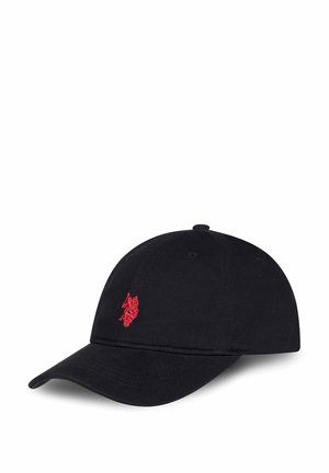 Schwarze Baseballkappe aus Stoff mit gebogenem Schirm, vorne mit einem kleinen roten gestickten Logo.