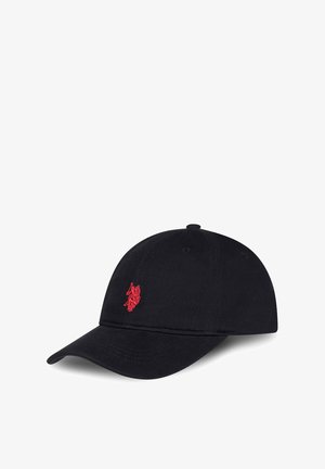 Schwarze Baseballkappe aus Stoff mit gebogenem Schirm, vorne mit einem kleinen roten gestickten Logo.