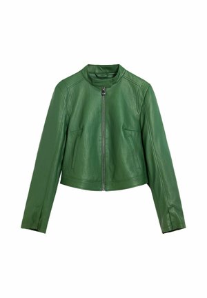 Giacca di pelle verde con cerniera frontale, colletto alla coreana, maniche lunghe e due tasche verticali ai lati.