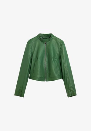 Zöld bőrdzseki elöl cipzárral, álló gallérral, hosszú ujjakkal és két függőleges oldalzsebbel.