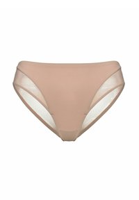 Beige Bikini-Briefs mit transparenten Seitenpaneelen, glattem Stoff, niedrigem Bund und minimaler Nahtdetails. Geeignet für den täglichen Gebrauch.