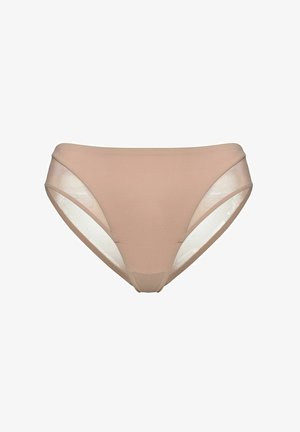 Beżowe figi bikini z przezroczystymi panelami bocznymi, gładkim materiałem, niskim stanem i minimalnymi detalami szwów. Idealne do codziennego noszenia.