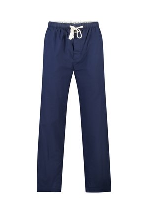 Pantalon décontracté bleu marine avec taille élastique et cordon blanc, coupe droite, fermeture éclair à l’avant.