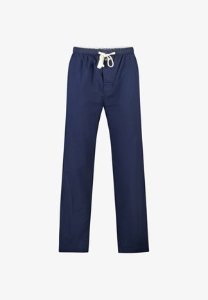 Pantalon décontracté bleu marine avec taille élastique et cordon blanc, coupe droite, fermeture éclair à l’avant.