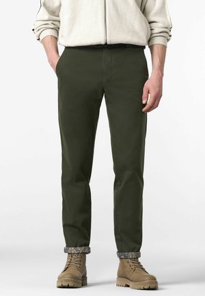 Pantalons vert foncé en coton avec une coupe droite, comportant un ourlet roulé à motifs et des poches latérales pratiques.