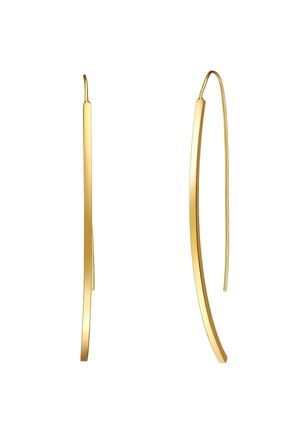 Dlouhé, zakřivené zlaté náušnice s jemným, minimalistickým designem, zobrazené zepředu a z boku na bílém pozadí.