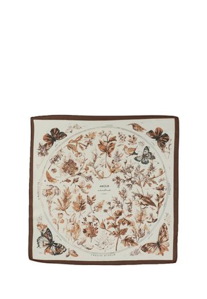 Kwadratowa apaszka z brązową obwódką, zdobiona szczegółowymi botanicznymi i motylim ilustracjami w odcieniach brązu i beżu, oznaczona francuskimi słowami.