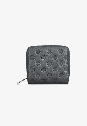 Geldbörse aus grauem Leder mit eingeprägten geometrischen Mustern, Reißverschluss und glatter Textur. Mit einem Reißverschluss-Zipper in Silberoptik.