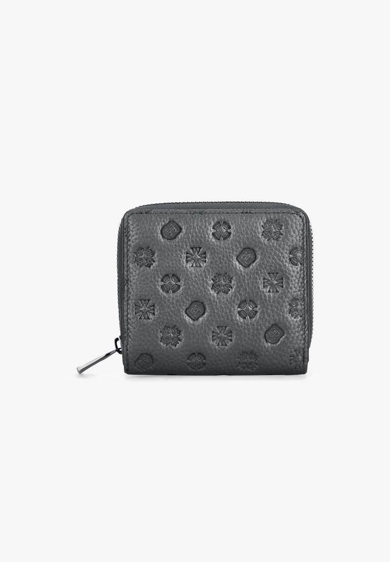 Grijze leren portemonnee met gegraveerde geometrische patronen, ritssluiting en een gladde textuur. Bevat een zilverkleurige ritssluiting.