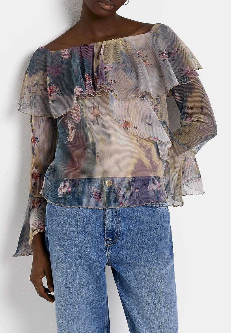 Sheer, floral-patterned blouse with ruffled layers, off-shoulder design, and long sleeves; multi-colored with pastel hues; soft texture.