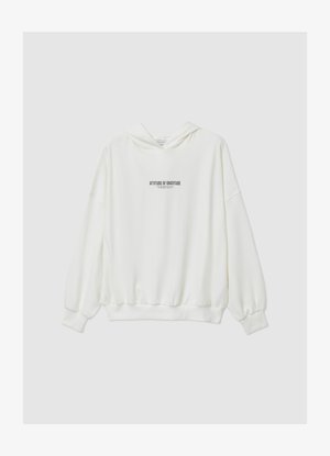 Weißer Hoodie mit lockerem Sitz, ausgestattet mit verstellbarer Kapuze und elastischen Bündchen. In der Mitte steht der Text "ATTITUDE OF GRATITUDE" in Schwarz.