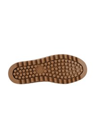 Semelle en caoutchouc marron avec des picots arrondis, des nervures texturées le long du bord et une zone centrale lisse. Forme plate conçue pour l'adhérence.