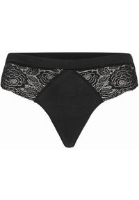 Zwarte string met een driehoekige vorm, voorzien van een bloemenkant tailleband en een gladde stof, die een contrast tussen texturen benadrukt.