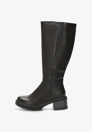 Bota de cuero negro hasta la rodilla con punta redondeada y tacón grueso negro, con una textura suave y detalles mínimos de costura.