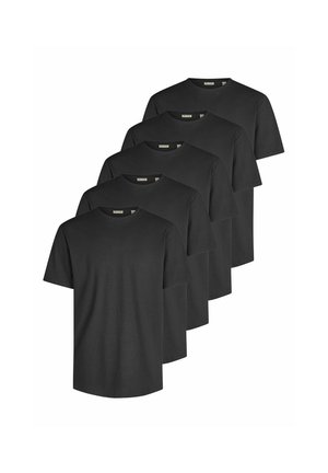Five plain black short-sleeve crew neck t-shirts arranged in a staggered vertical stack on a white background.