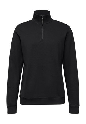 Suéter negro de manga larga con cierre frontal de media cremallera y cuello alto, hecho de una tela suave.