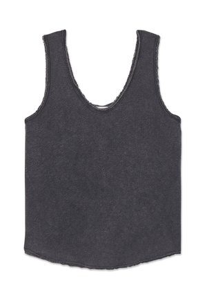 Camiseta sin mangas de color gris oscuro con costuras sin rematar y dobladillo inferior redondeado.