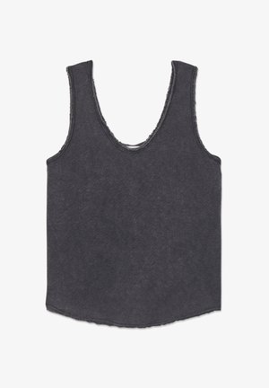 Tumehall varrukateta top, millel on töötlemata servad ja ümar alumine äär.