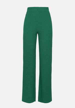 Roheline laiad püksid, millel on tekstuuriga kangas, kõrge vöökoht ja mugav lõige. Välja töötatud disain puhta ja kaasaegse siluetiga.