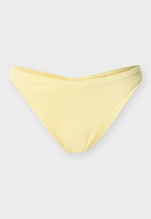 Light yellow ribbed bikini bottom with a V-shaped front seam, displayed flat on a plain white background.
