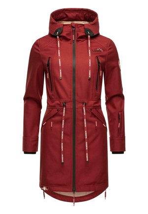 Red outdoor jacket with a hood, two upper zippered pockets, drawstring waist, and adjustable cuffs. Soft texture and long cut design.