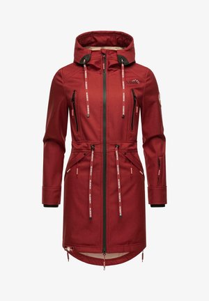 Red outdoor jacket with a hood, two upper zippered pockets, drawstring waist, and adjustable cuffs. Soft texture and long cut design.
