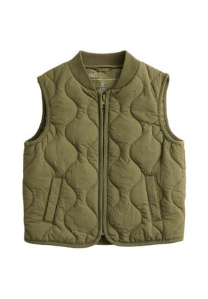 Gilet imbottito senza maniche di colore verde oliva con cerniera frontale, colletto a costine e due tasche laterali, progettato per il calore e l'abbigliamento casual.