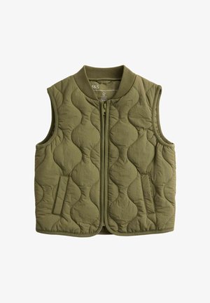 Veste sans manches matelassée vert olive avec fermeture éclair à l'avant, col côtelé et deux poches latérales, conçue pour la chaleur et un usage décontracté.