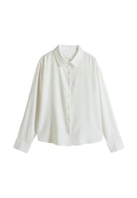 Witte blouse met knoopsluiting, een kraag, lange mouwen en een relaxed fit. Heeft een gladde textuur en zeven knopen aan de voorkant.
