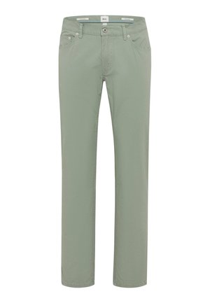 Pantaloni dritti verde chiaro in cotone con tasche frontali e chiusura con bottone. Tessuto liscio con una leggera trama e dettagli di cucitura.