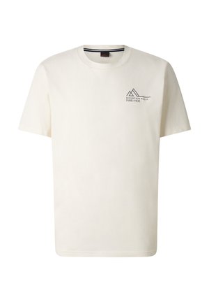 Effen wit T-shirt met korte mouwen, ronde hals en klein zwart berglogo en tekst "MOUNTAIN PULSE FIRE+ICE" op de linkerborst.