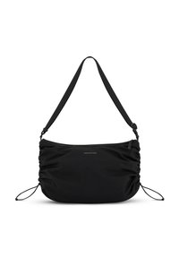 Černá kabelka přes rameno s měkkým textilním provedením, nabráný design, nastavitelný popruh a šňůrkové ozdoby po stranách. Viditelné jednoduché logo.