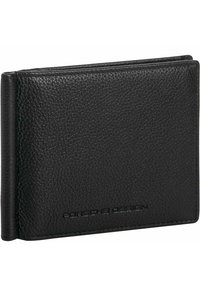 Cartera de cuero negro con un acabado texturizado, diseño bi-fold y logotipo en relieve "Porsche Design" en la parte inferior.