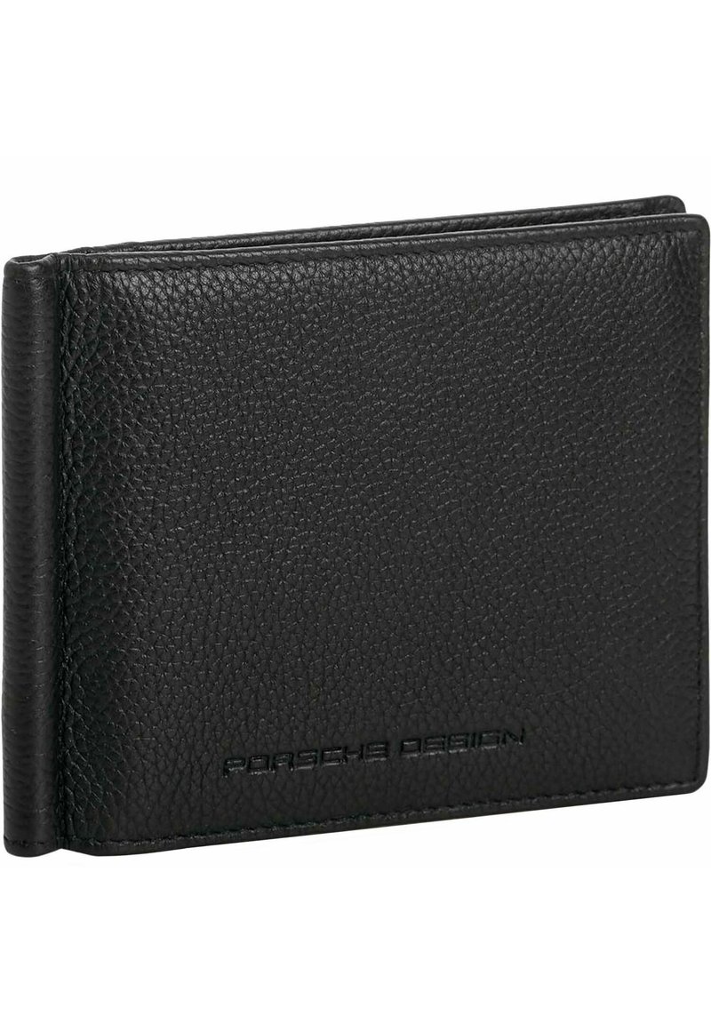Cartera de cuero negro con un acabado texturizado, diseño bi-fold y logotipo en relieve "Porsche Design" en la parte inferior.