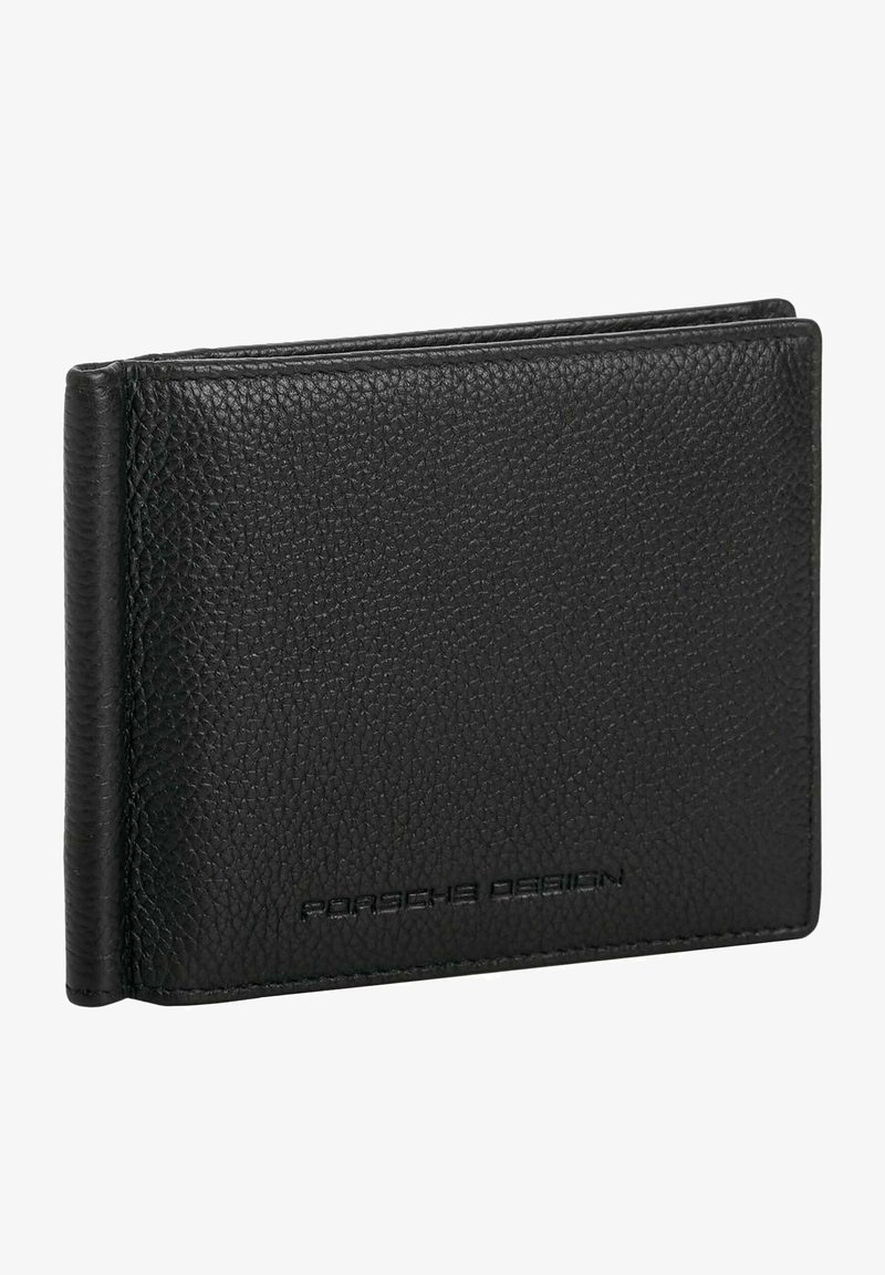 Cartera de cuero negro con un acabado texturizado, diseño bi-fold y logotipo en relieve "Porsche Design" en la parte inferior.