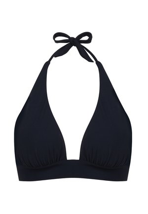 Top de bikini negro con cuello halter y escote en V profundo, material suave, detalles recogidos en la base y cierre con lazo en el cuello.