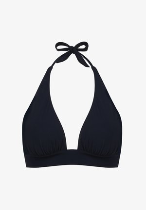 Czarny górny fragment bikini na halterze z głębokim dekoltem w kształcie V, miękki materiał, marszczenia u dołu oraz możliwość zawiązania na szyi.