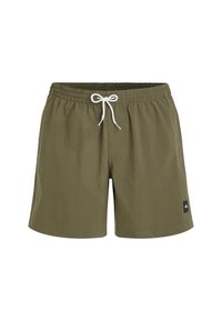 Shorts de bain vert olive en tissu texturé, dotés d'une taille élastique, d'un cordon blanc et d'une petite étiquette logo noire.
