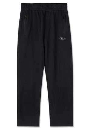Black ribbed lounge pants with an elastic waistband, two zippered pockets, and white embroidered logo on the side.