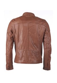 Braune Lederjacke mit tailliertem Schnitt, ausgestattet mit einem gerippten Kragen, Schulterakzenten und sichtbaren Nähten, strukturierter Oberfläche. Rückansicht.