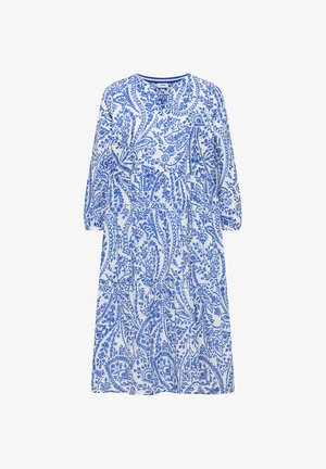 Valkoinen polvipituinen mekko, jossa on sininen monimutkainen kukka- ja paisley-kuvio, neljänneshihat ja pyöreä pääntie.