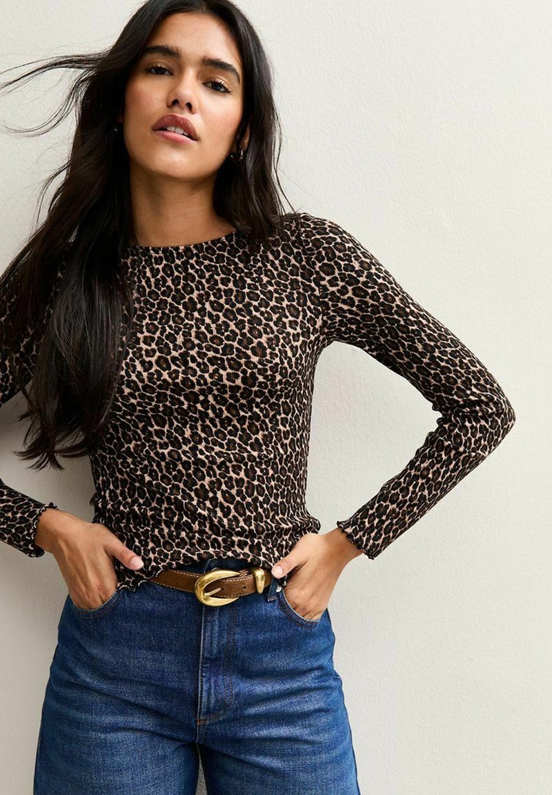 Crop Top Donna Maniche Lunghe Leopardato, Maglietta Stretch Casual Per Autunno - Taglie S, M, L, XL (Taglie Asiatiche)