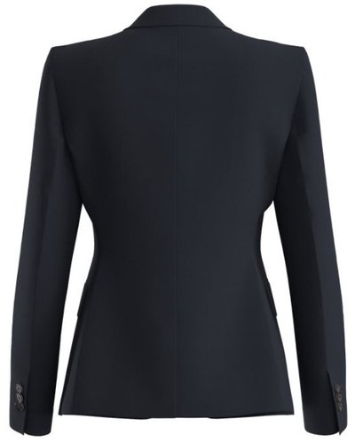 Blazer bleu marine à coupe ajustée, doté d'une fente unique au dos et de poignets à trois boutons. Fabriqué en tissu lisse sans motifs visibles.