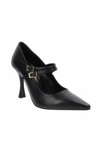 Scarpa nera in pelle con tacco alto, punta affilata, cinghie alla caviglia e fibbie dorate. Presenta un tacco curvo con una superficie testurizzata.